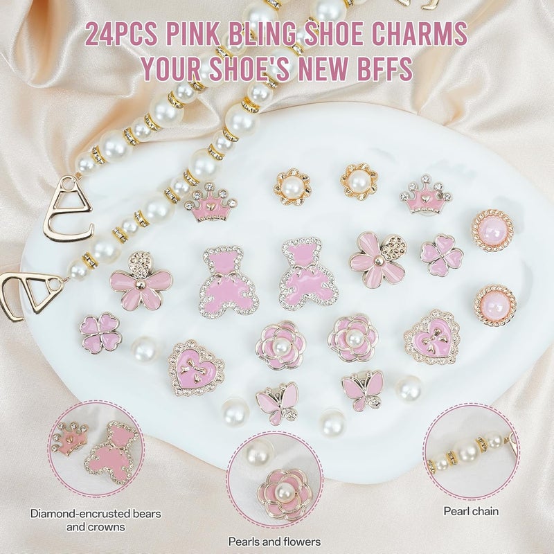 Lugailly Bling Shoe Charms for Girls and Women, Girly Gold Shoe Charms for Clog Sandals, 24 PCS Glitter Pearl Flower Shoes Decoration Bulk, Shoes Chains Pins Charm Accessories - Image 2